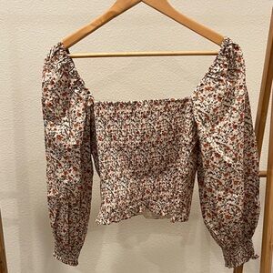 Floral Off-Shoulder Blouse - White and Brown